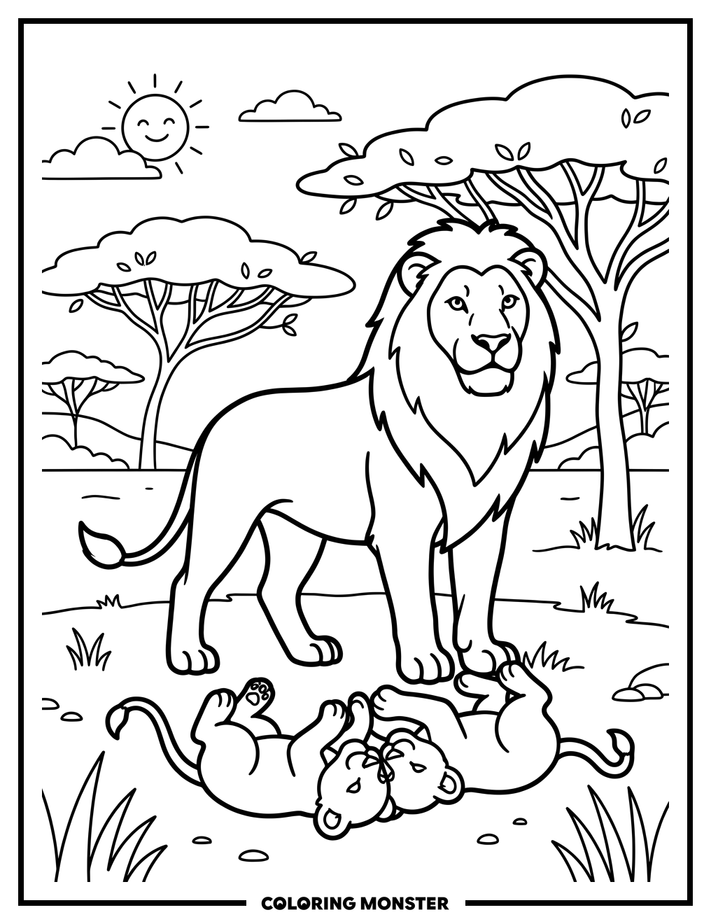 Lion Family in the Savanna Coloring Page