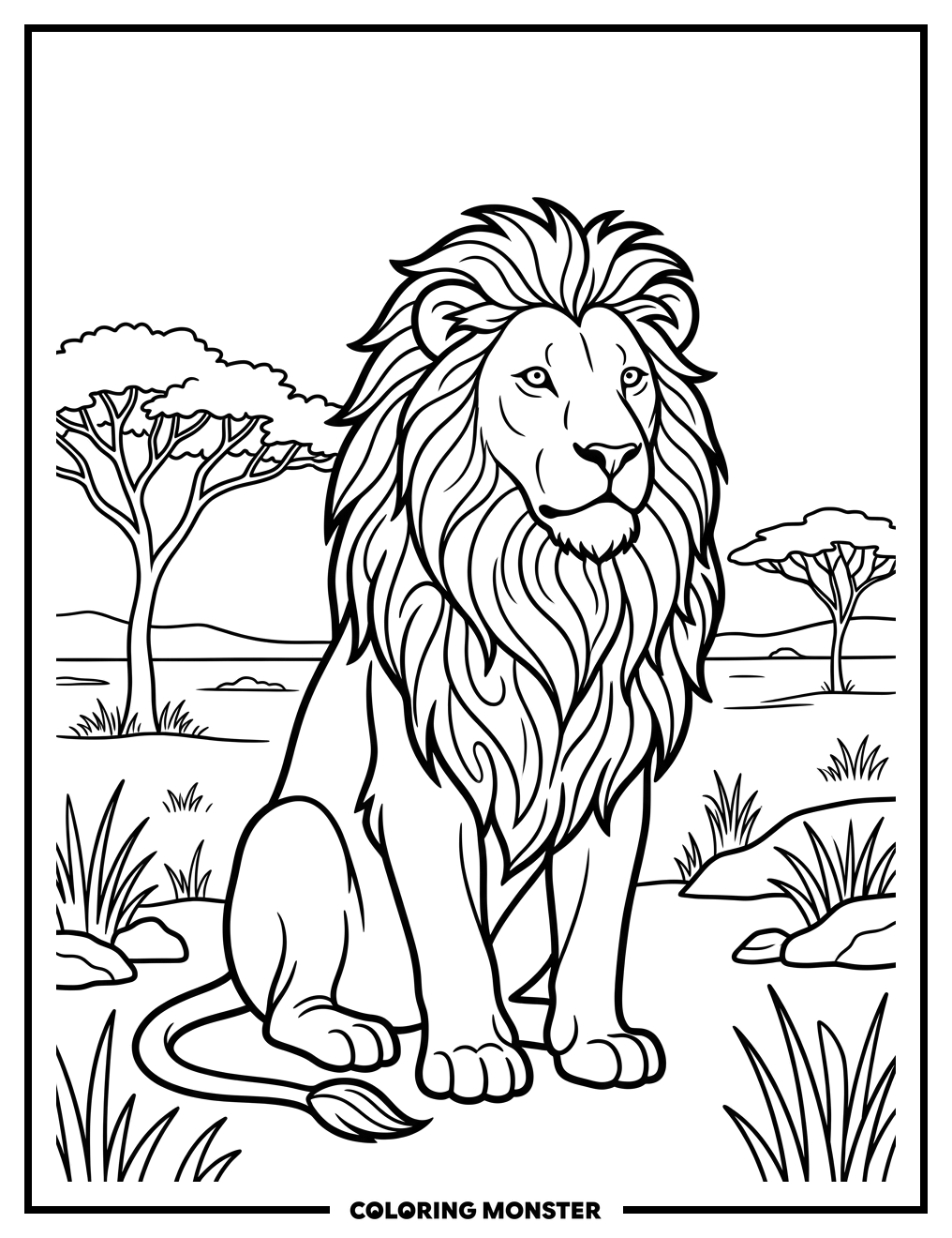 Lion in the Savanna Coloring Page