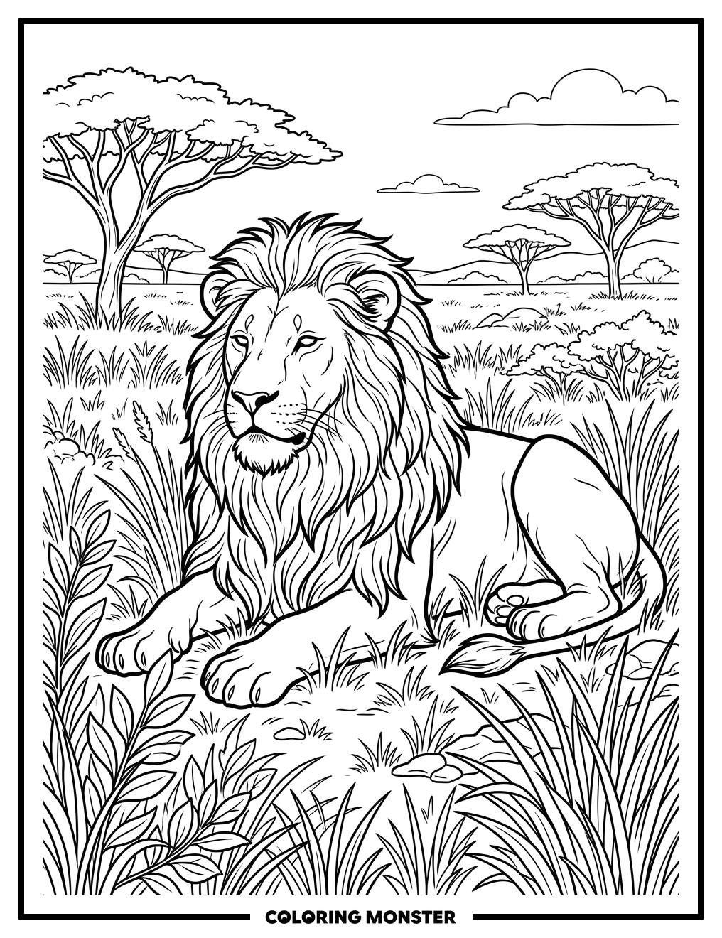 Lion in the Savanna Coloring Page