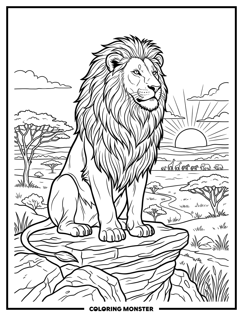 Lion on Rocky Outcrop at Sunset Coloring Page