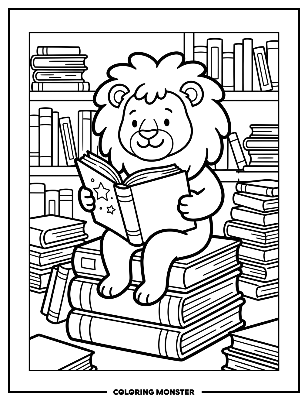 Lion Reading Books Coloring Page