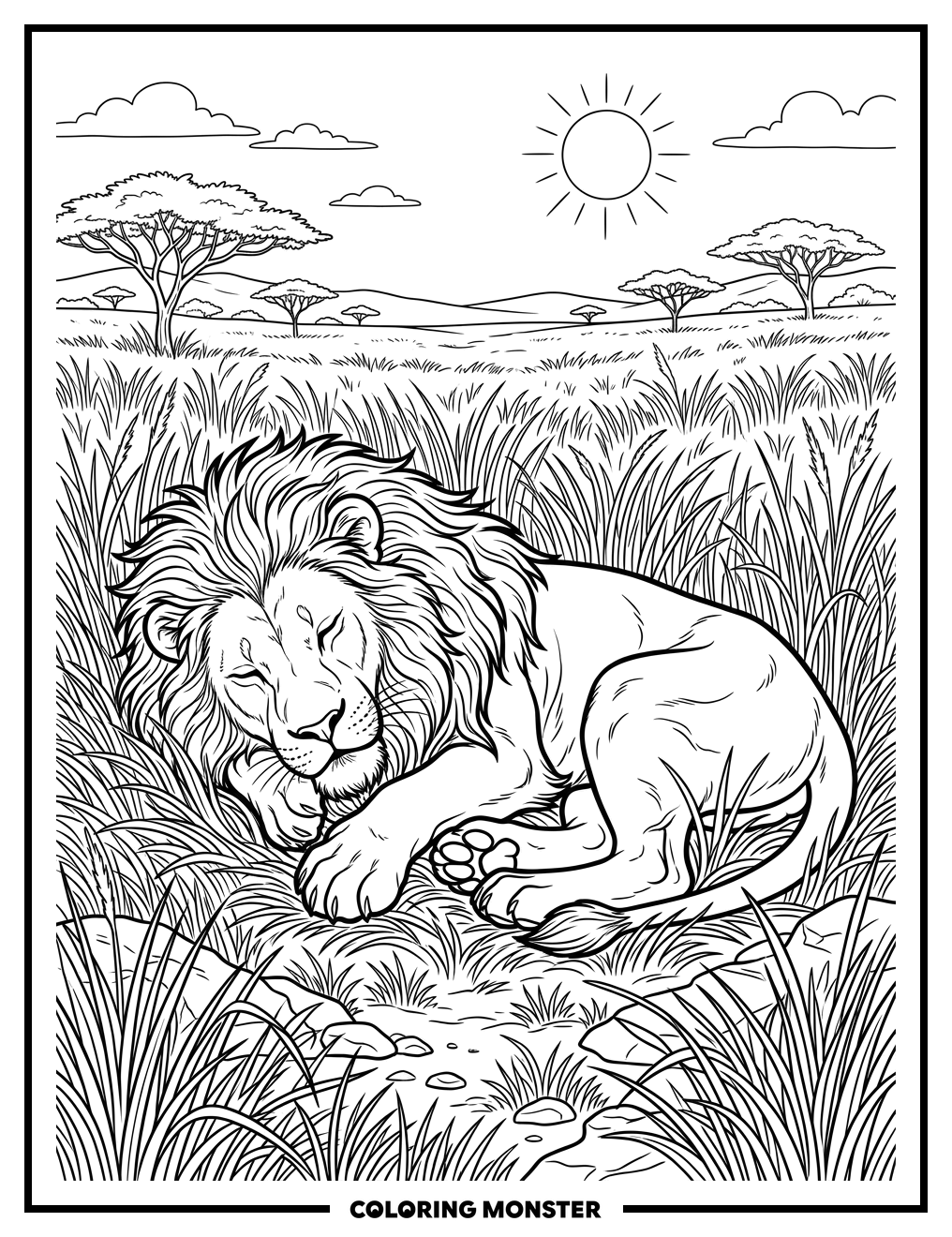 Lion Resting on Savanna Coloring Page