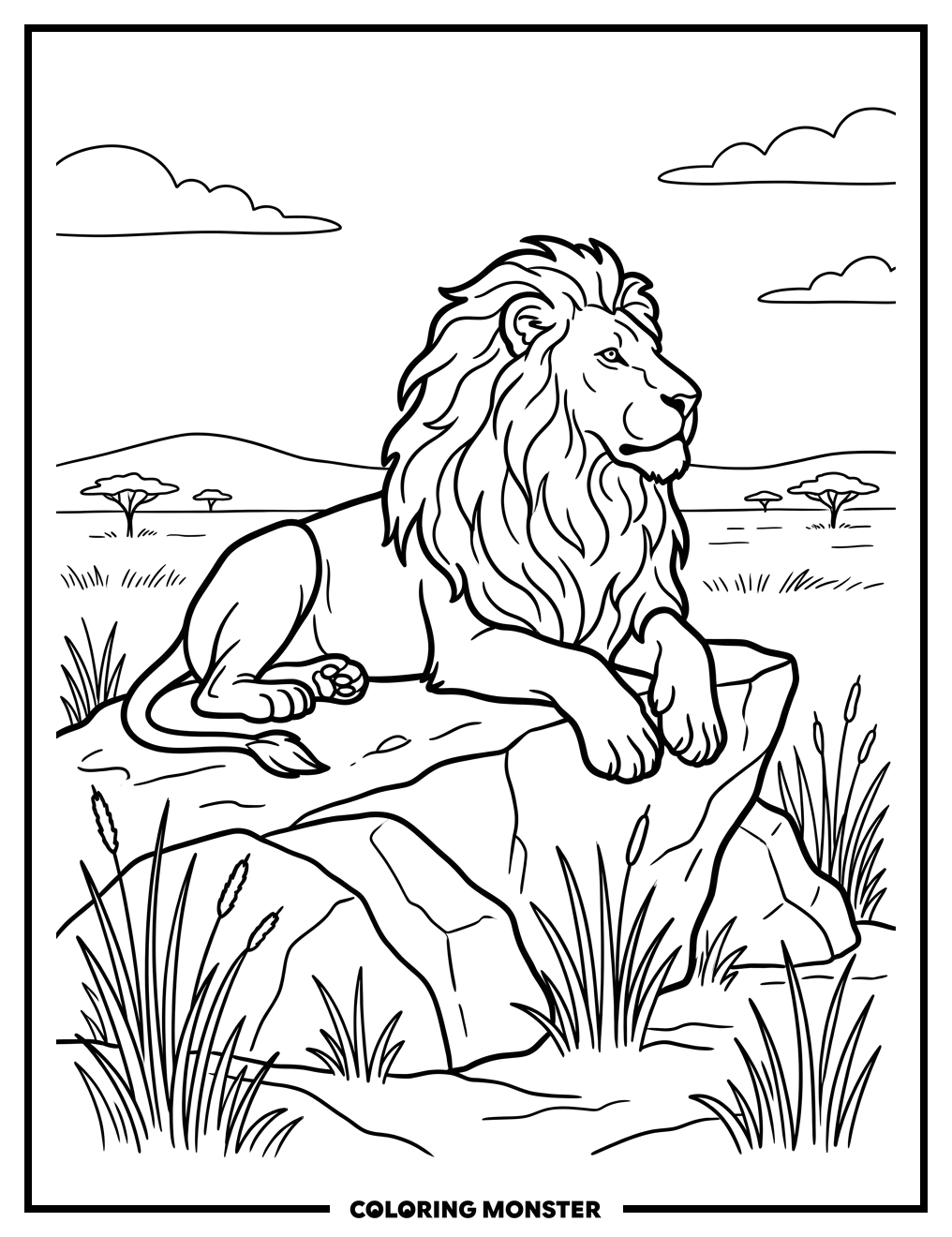 Lion Resting on Savanna Outcrop Coloring Page