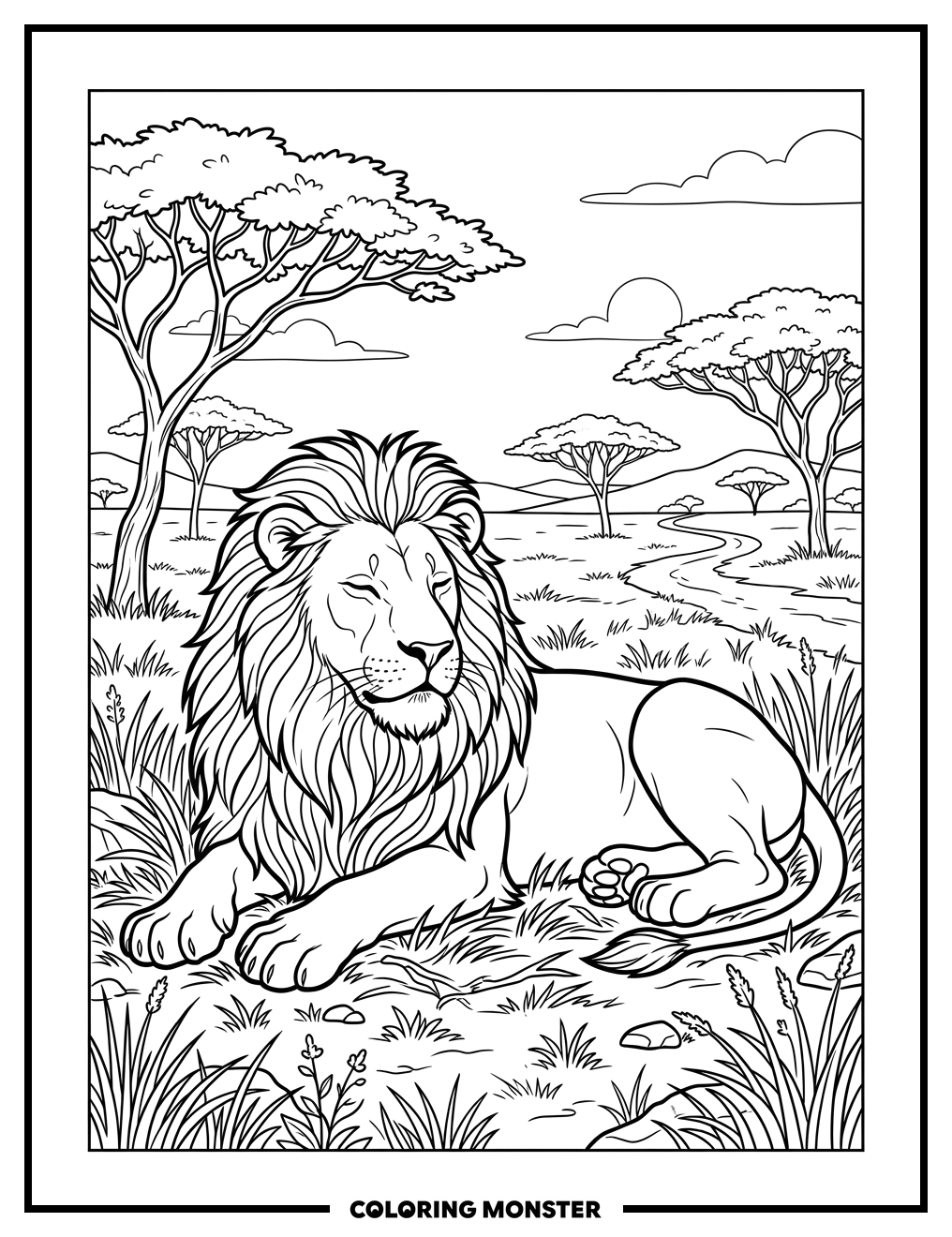 Lion Resting on the Savanna Coloring Page