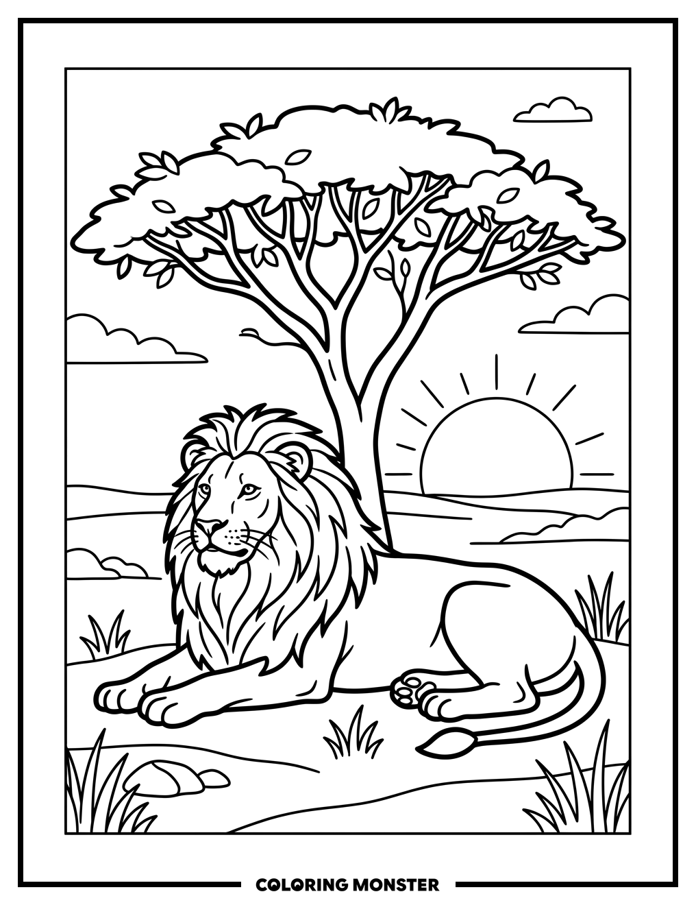 Lion Resting Under Acacia Tree Coloring Page