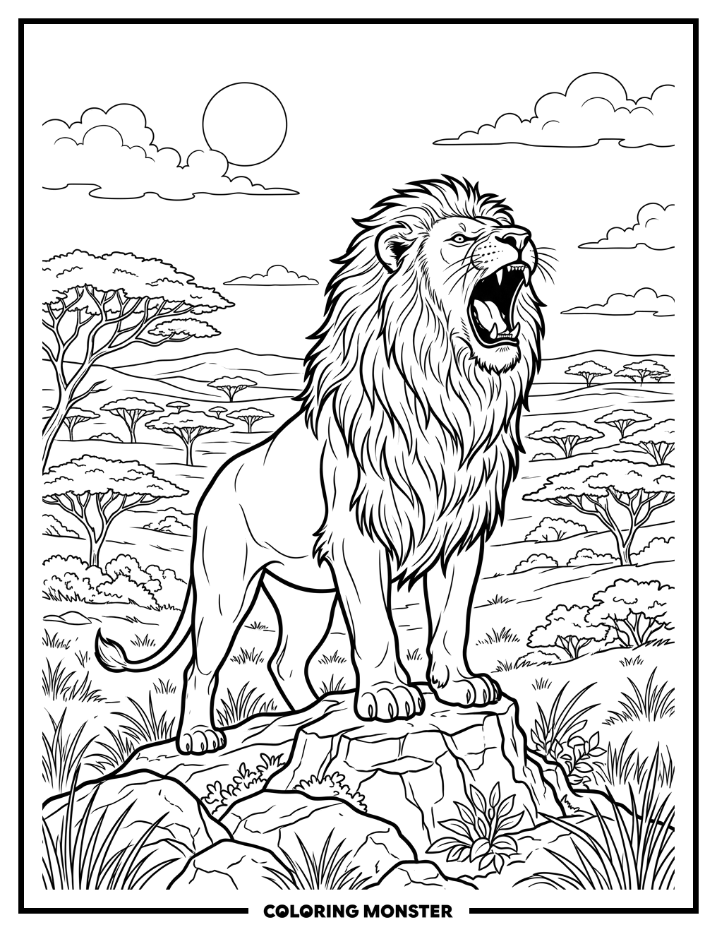 Lion Roaring on Savanna Rock Coloring Page