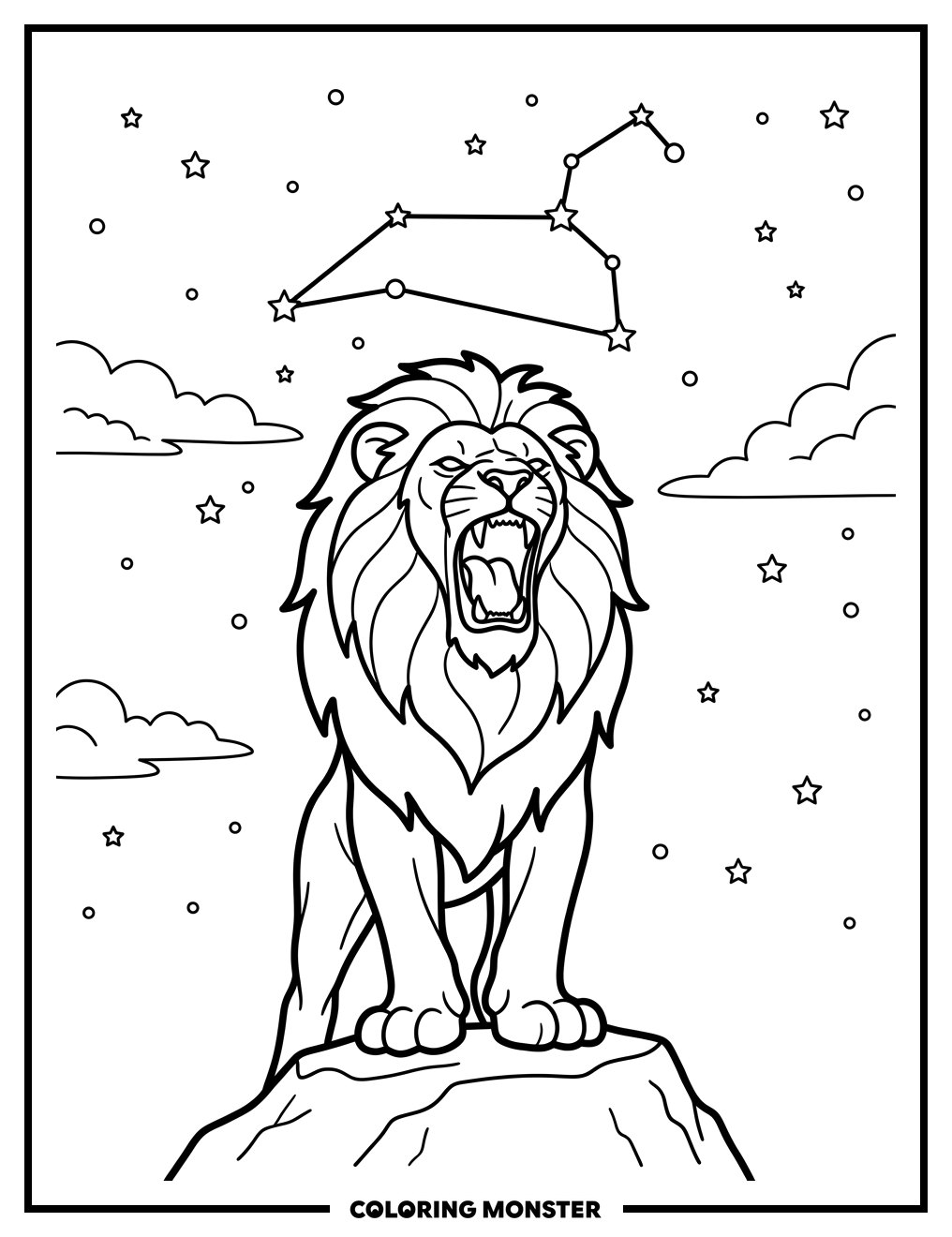 Lion Roaring Under Starry Sky Coloring Page