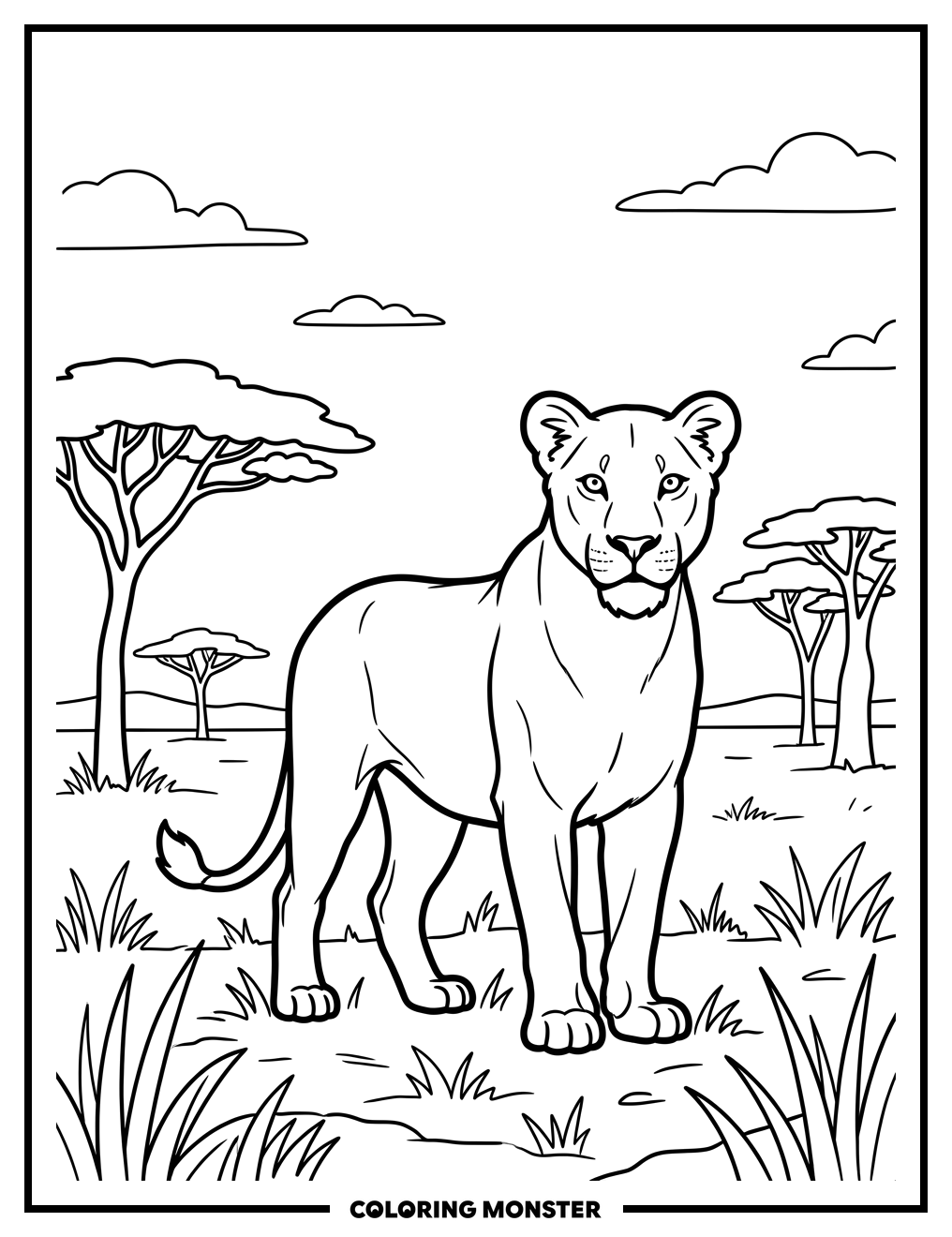 Lioness on the Savanna Coloring Page
