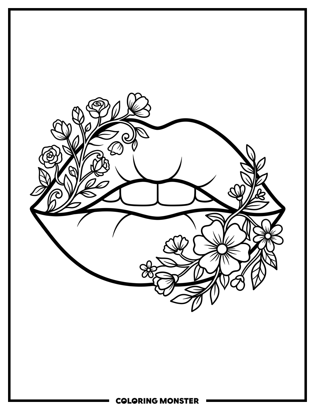 Lips and Flowers Coloring Page