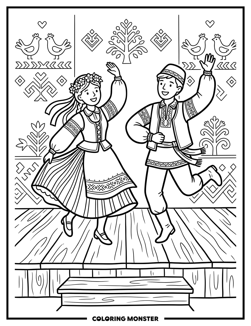 Lithuanian Folk Dancers on Stage Coloring Page