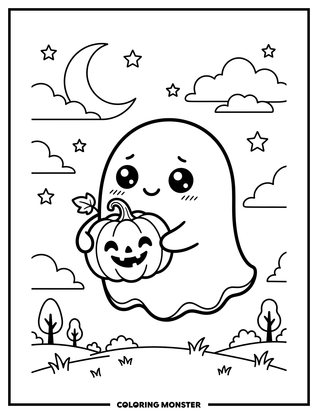 Little Ghost Holding Pumpkin Coloring Page