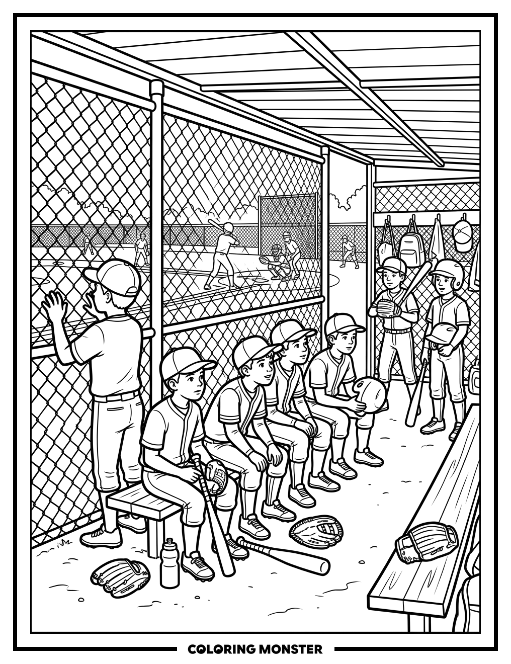 Little League Baseball Dugout Scene Coloring Page