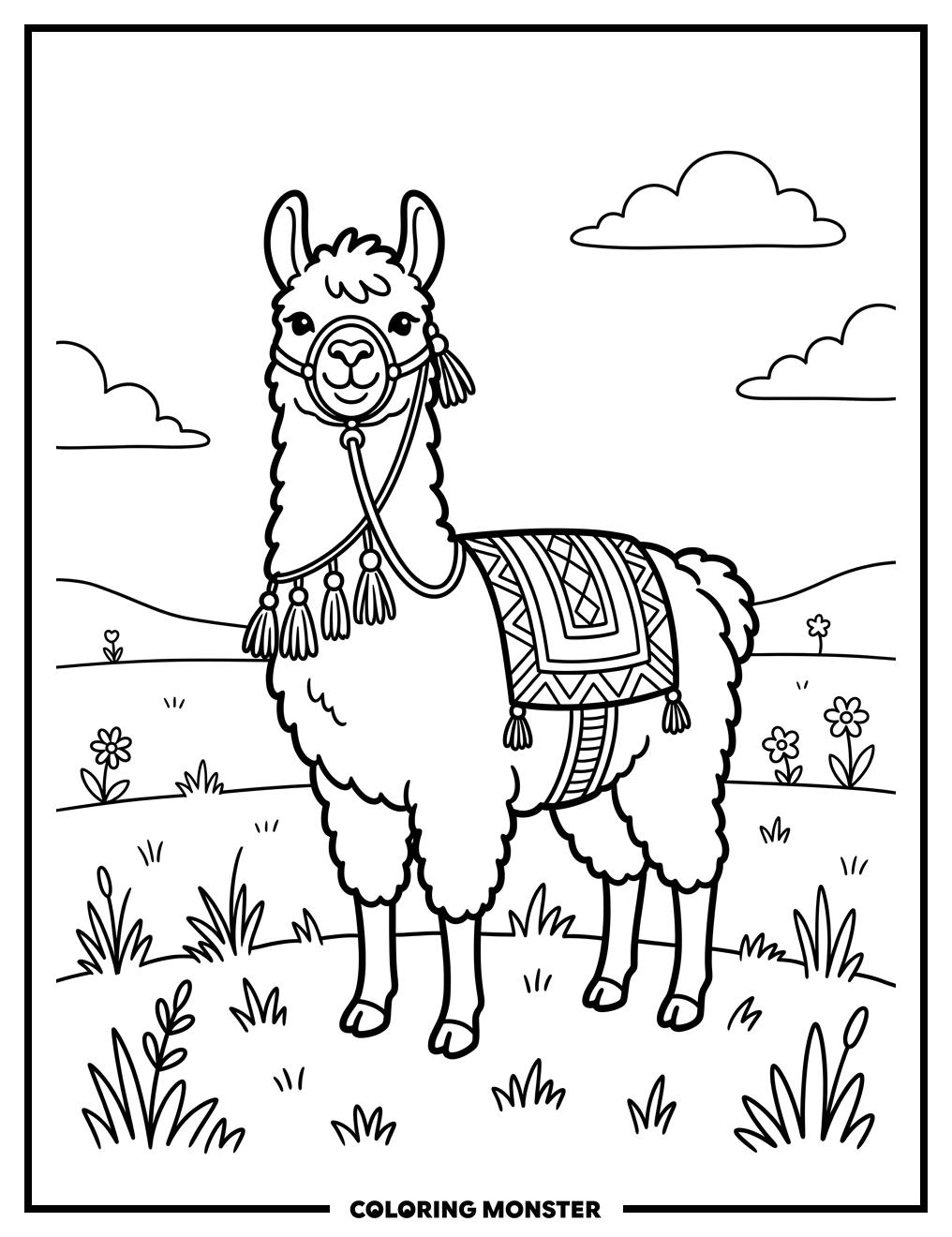 Llama in a Grassy Field Coloring Page