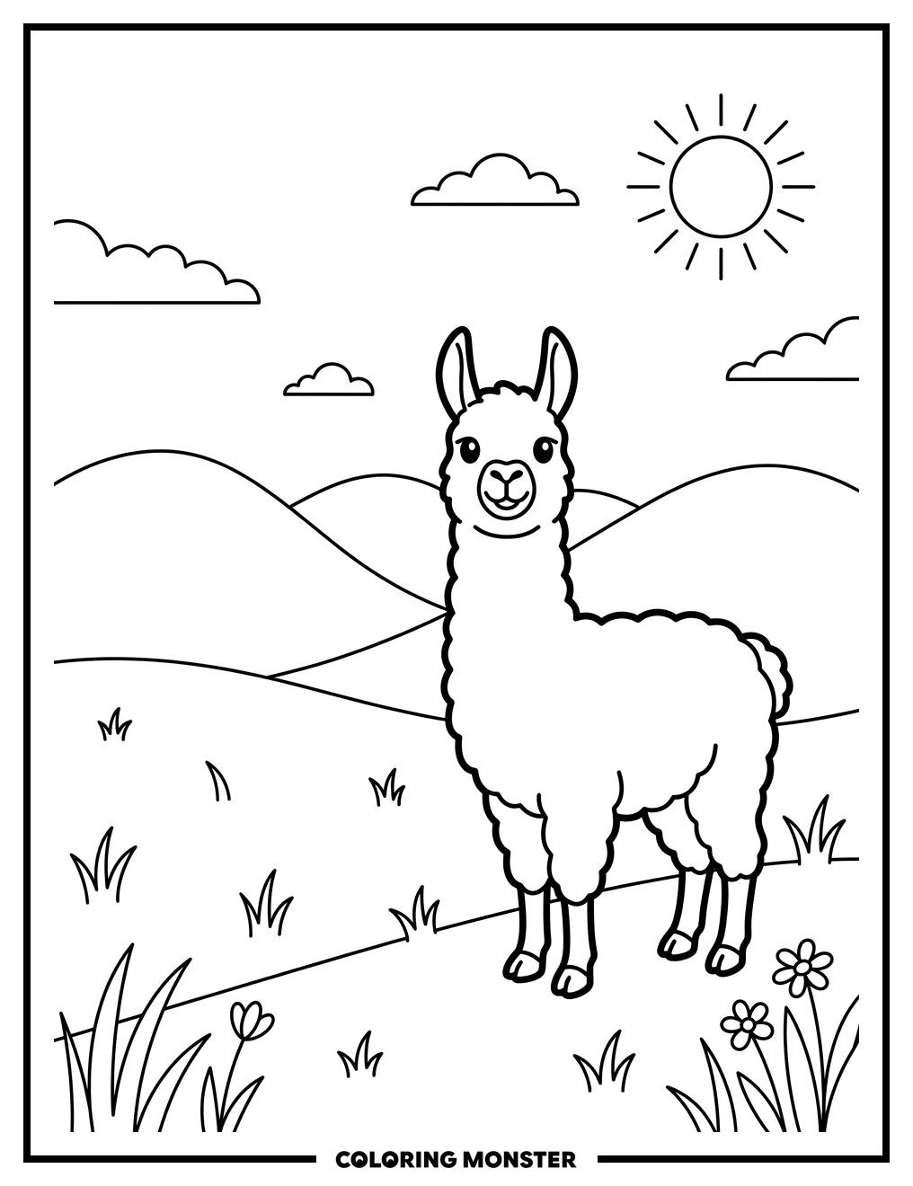 Llama in a Grassy Field Coloring Page