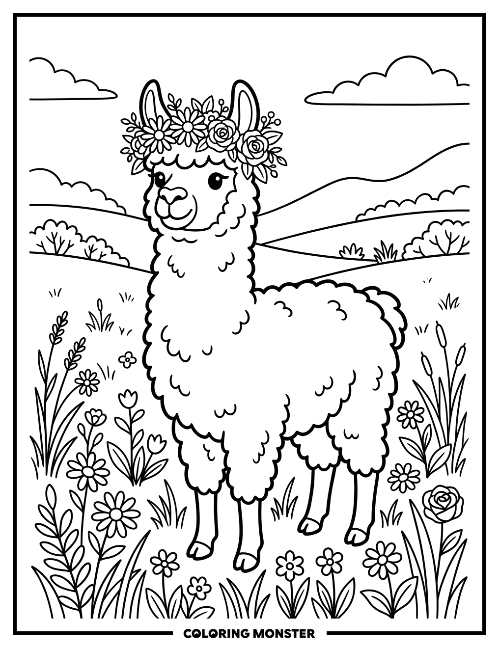 Llama in a Wildflower Meadow Coloring Page