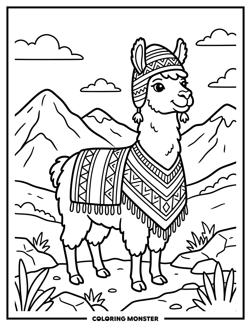 Llama in Poncho Coloring Page