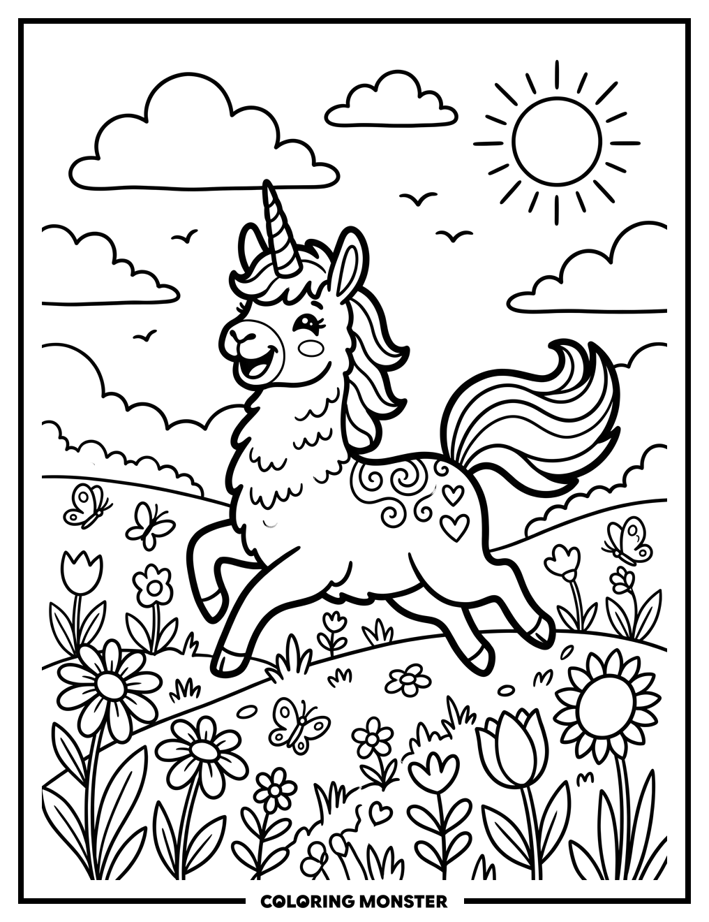 Llamacorn Prancing Through Flower Field Coloring Page