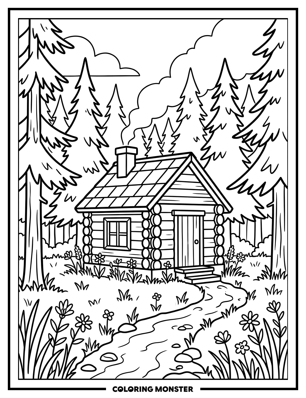 Log Cabin in Forest Clearing Coloring Page