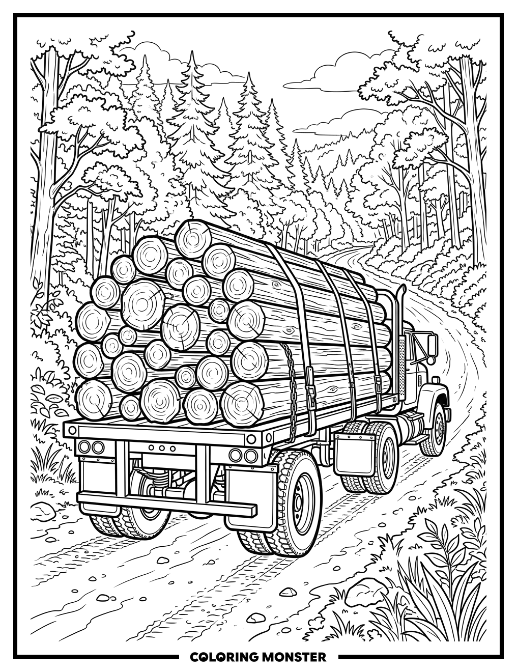 Logging Truck and Cut Logs Coloring Page