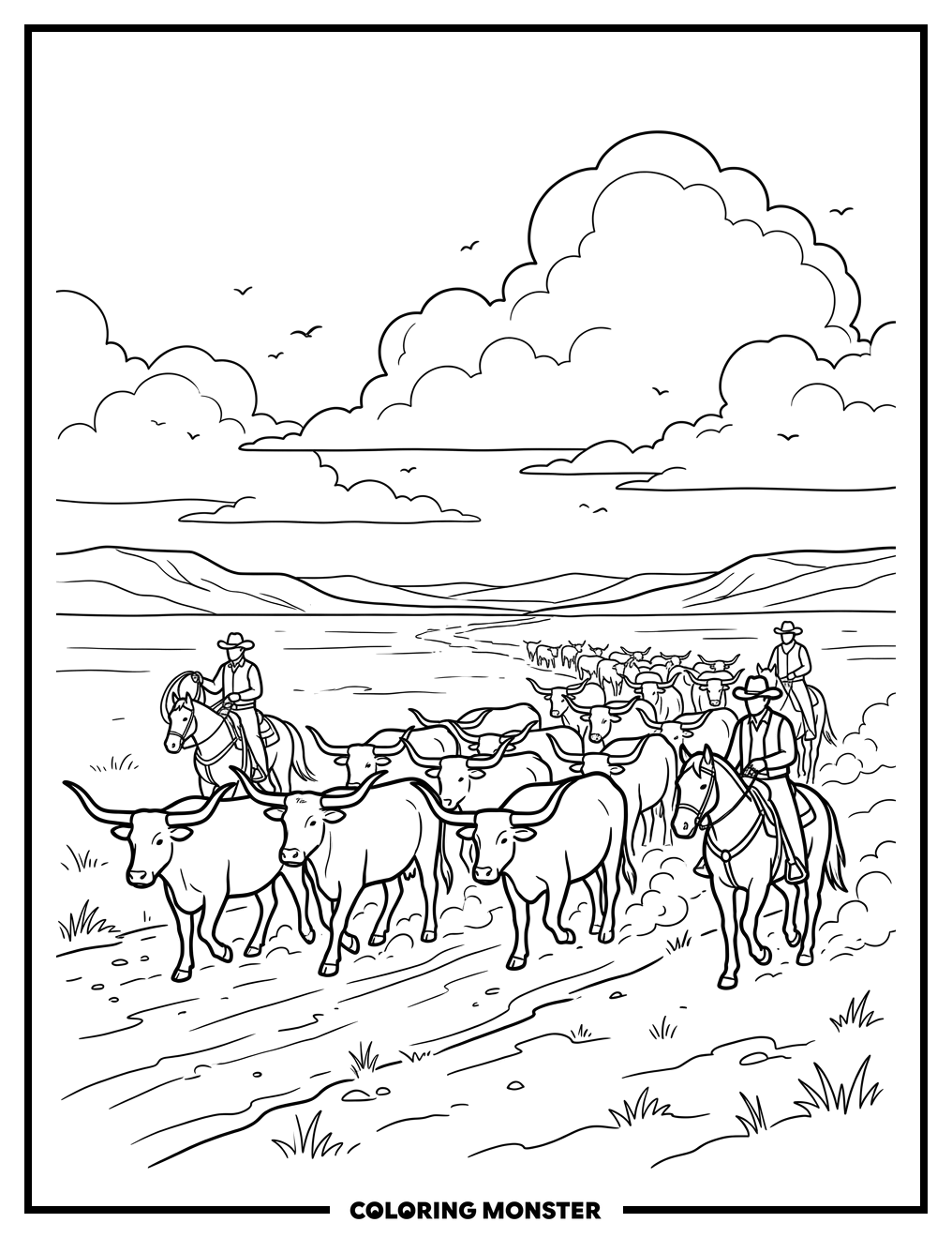 Longhorn Cattle Drive Coloring Page