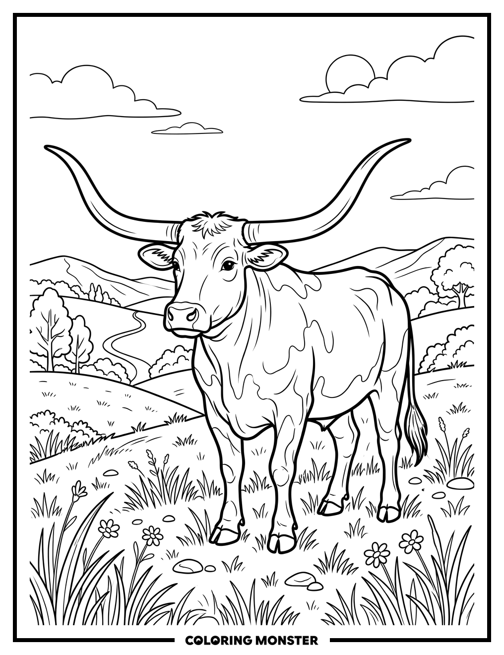 Longhorn Cow in Grassy Pasture Coloring Page