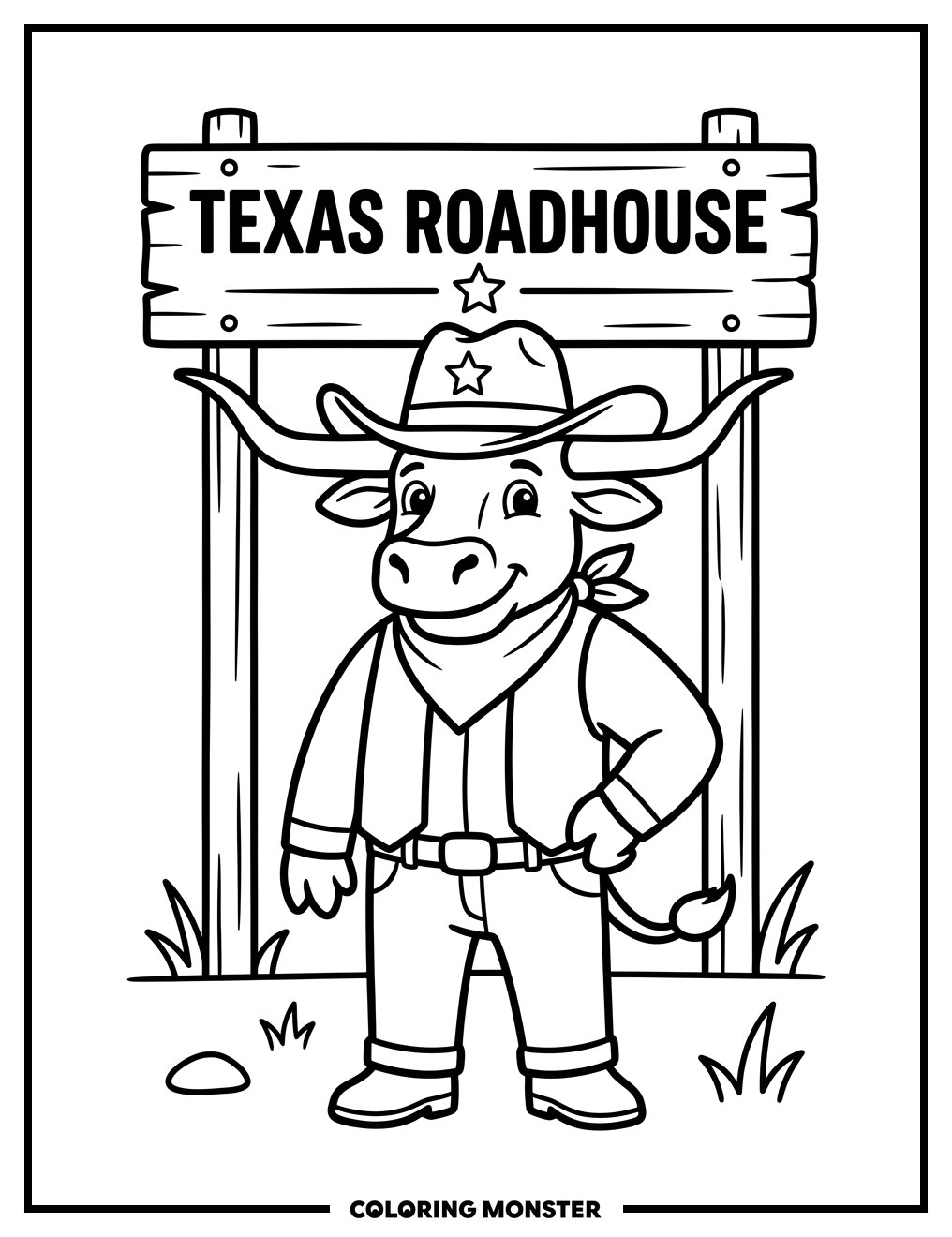 Longhorn Mascot in Cowboy Hat Coloring Page
