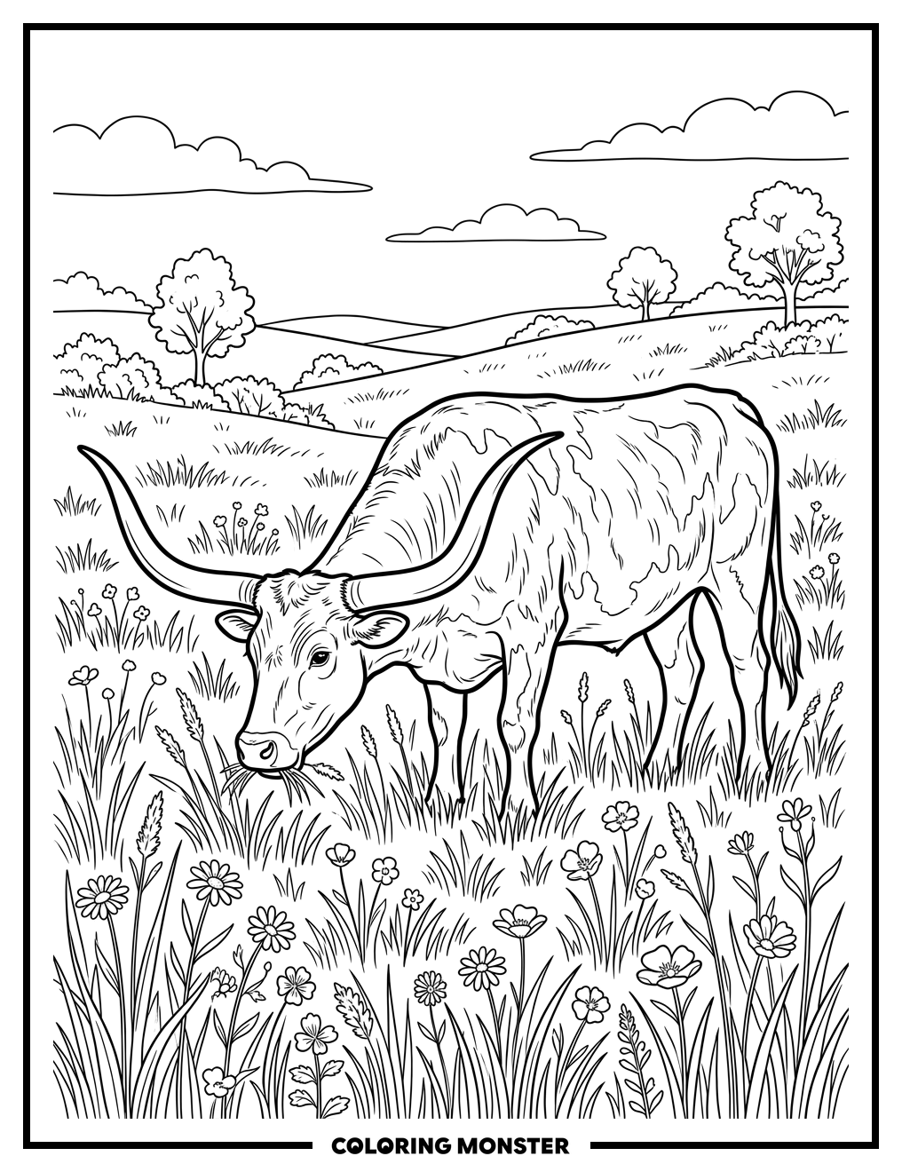 Longhorn Steer Grazing in Field Coloring Page