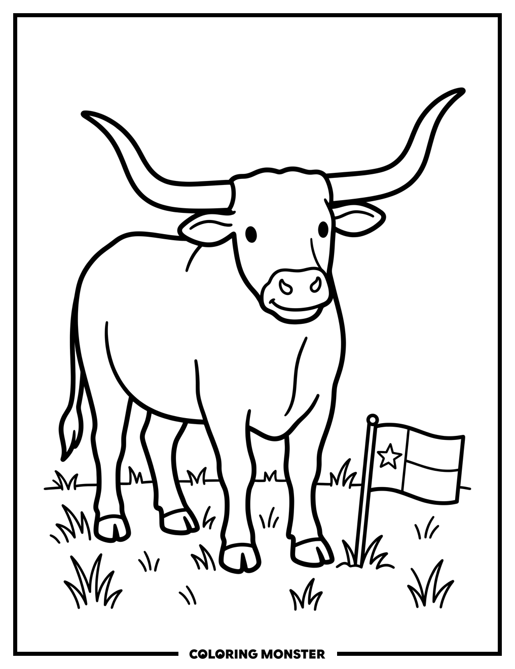 Longhorn Steer in Grassy Field Coloring Page