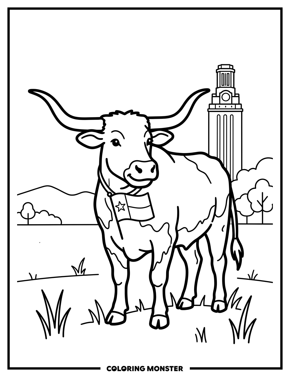 Longhorn Steer with Texas Flag Coloring Page