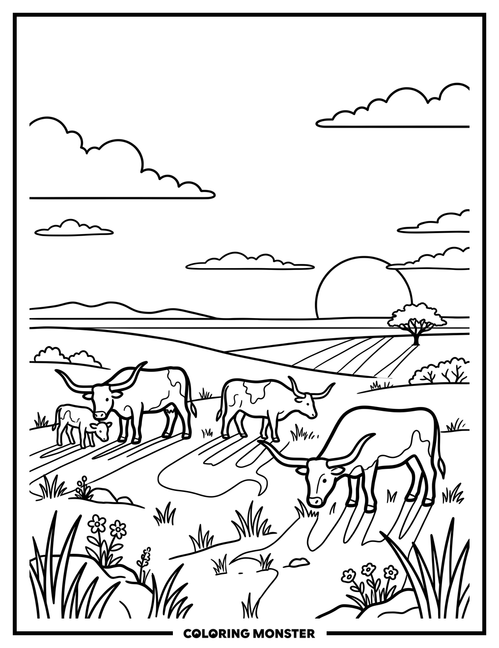 Longhorns Grazing at Sunset Coloring Page