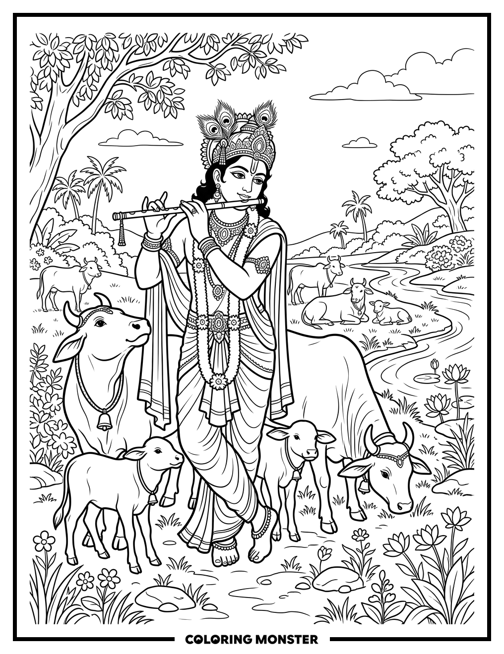 Lord Krishna Plays Flute For Cows Coloring Page