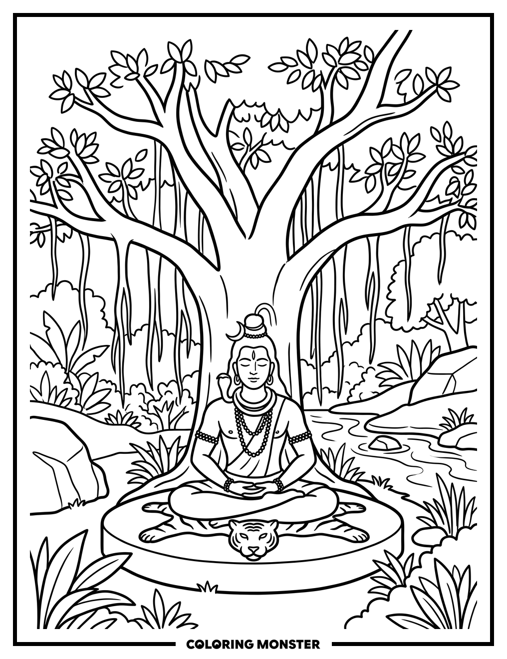 Lord Shiva Meditating Under Banyan Tree Coloring Page