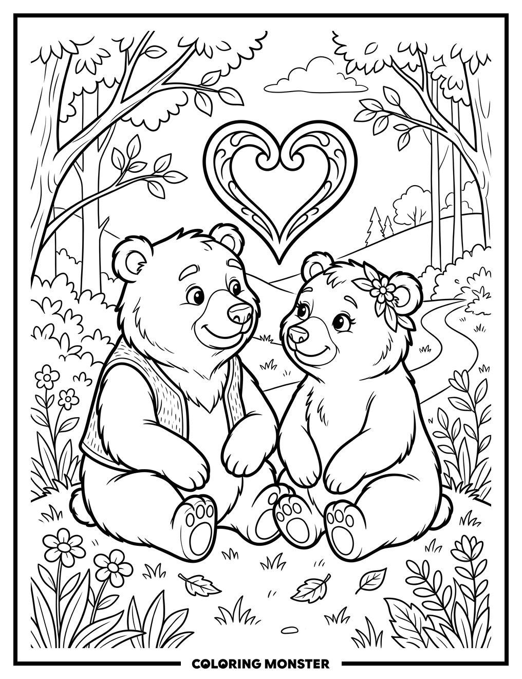 Loving Bears With Heart Coloring Page