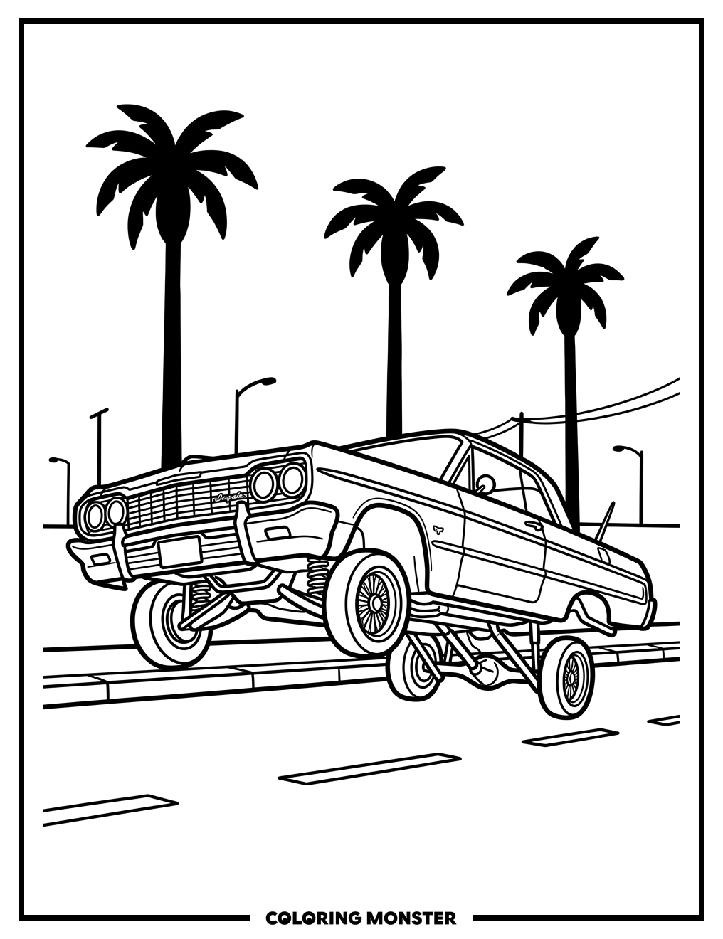 Lowrider Car Bouncing on Hydraulics Coloring Page