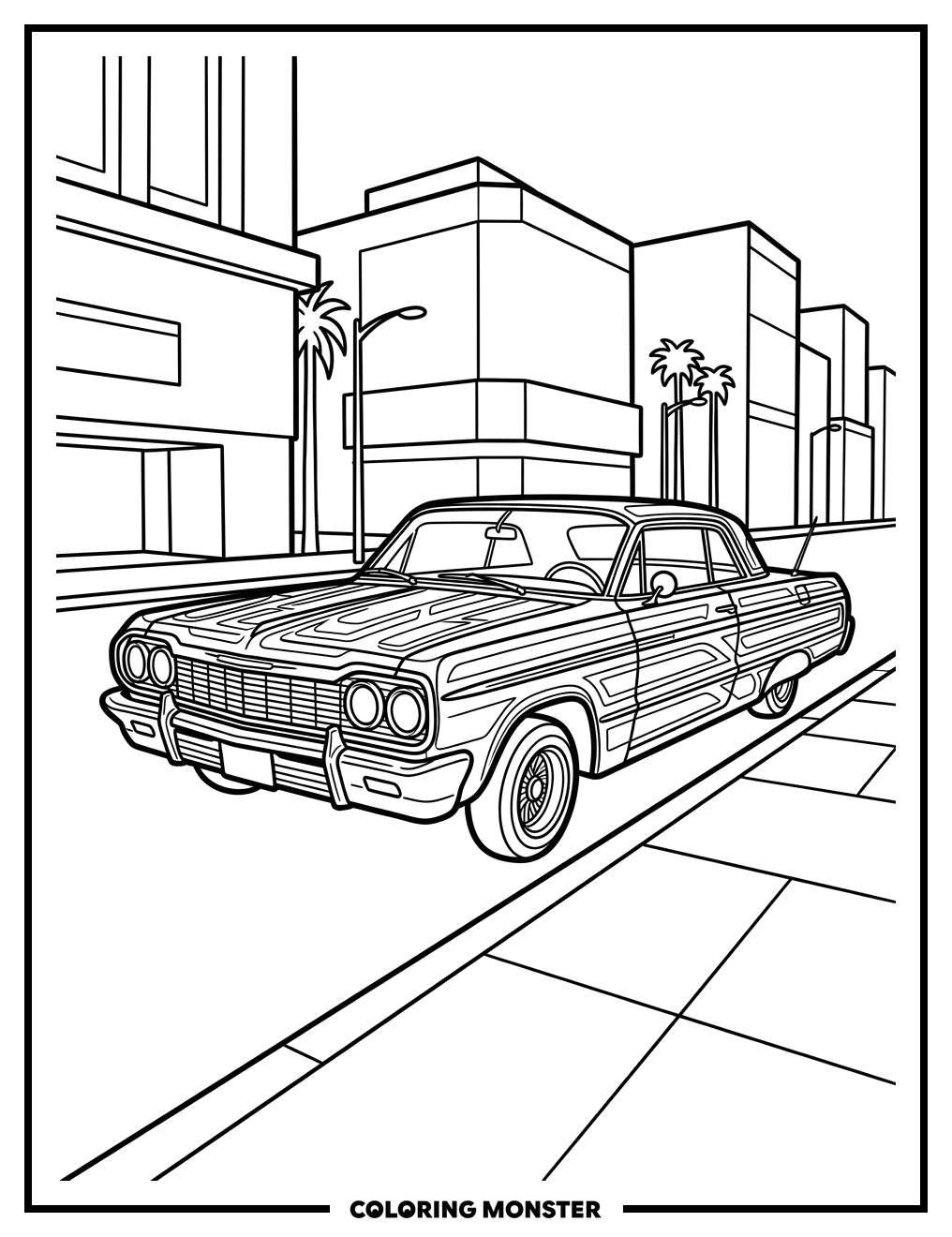 Lowrider Car on City Street Coloring Page