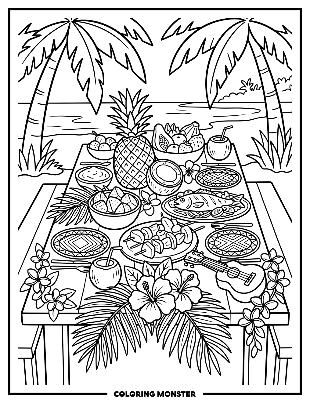 Luau Feast on Tropical Island Coloring Page