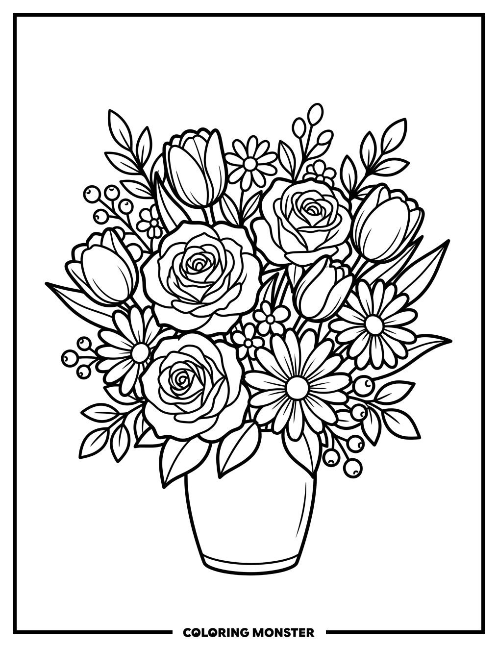 Lush Bouquet of Blooming Flowers Coloring Page