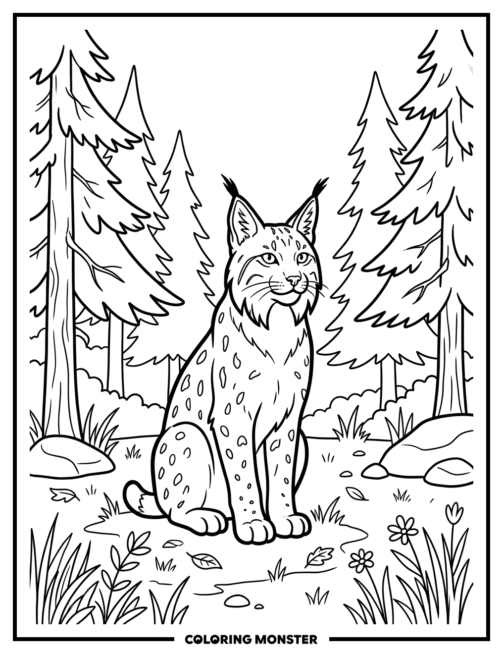 Lynx in a Forest Clearing Coloring Page