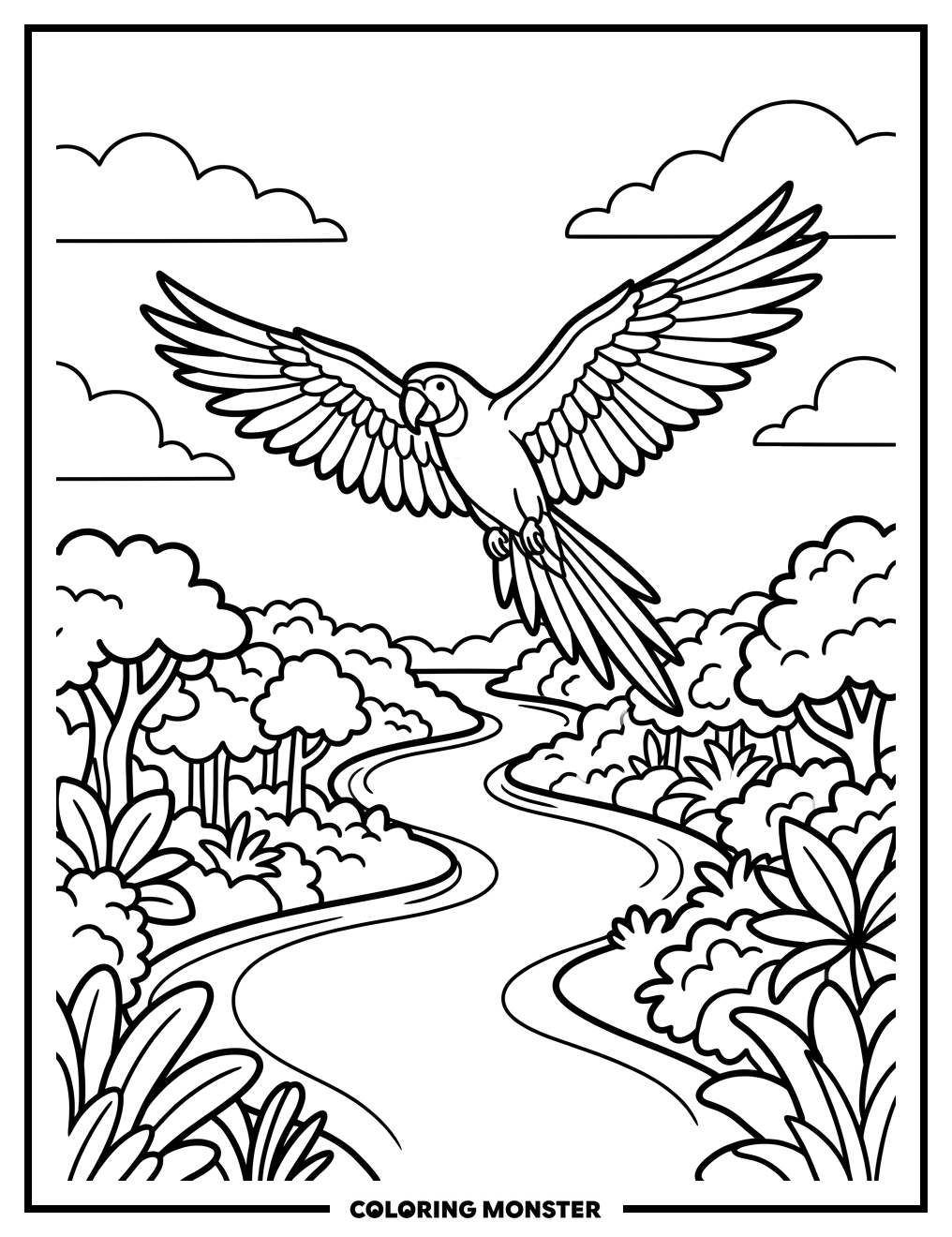 Macaw Flying Over Amazon River Coloring Page