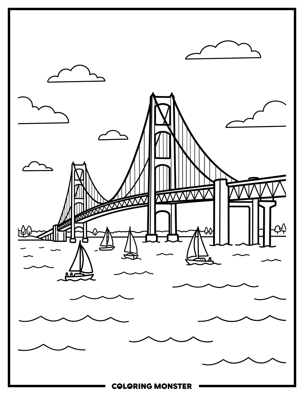 Mackinac Bridge With Sailboats Coloring Page