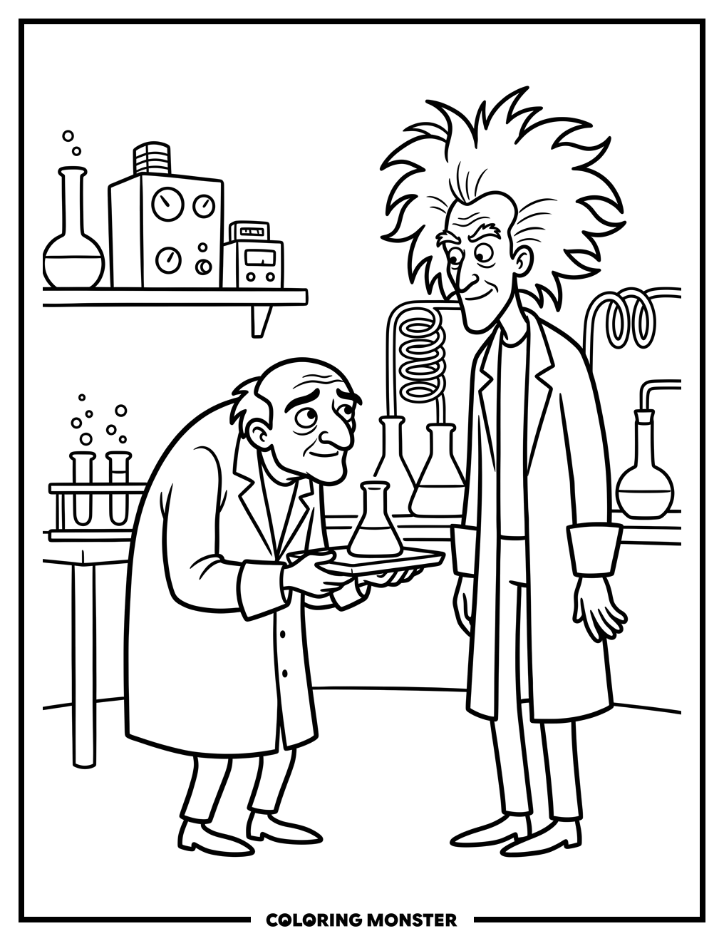 Mad Scientist and His Assistant Coloring Page