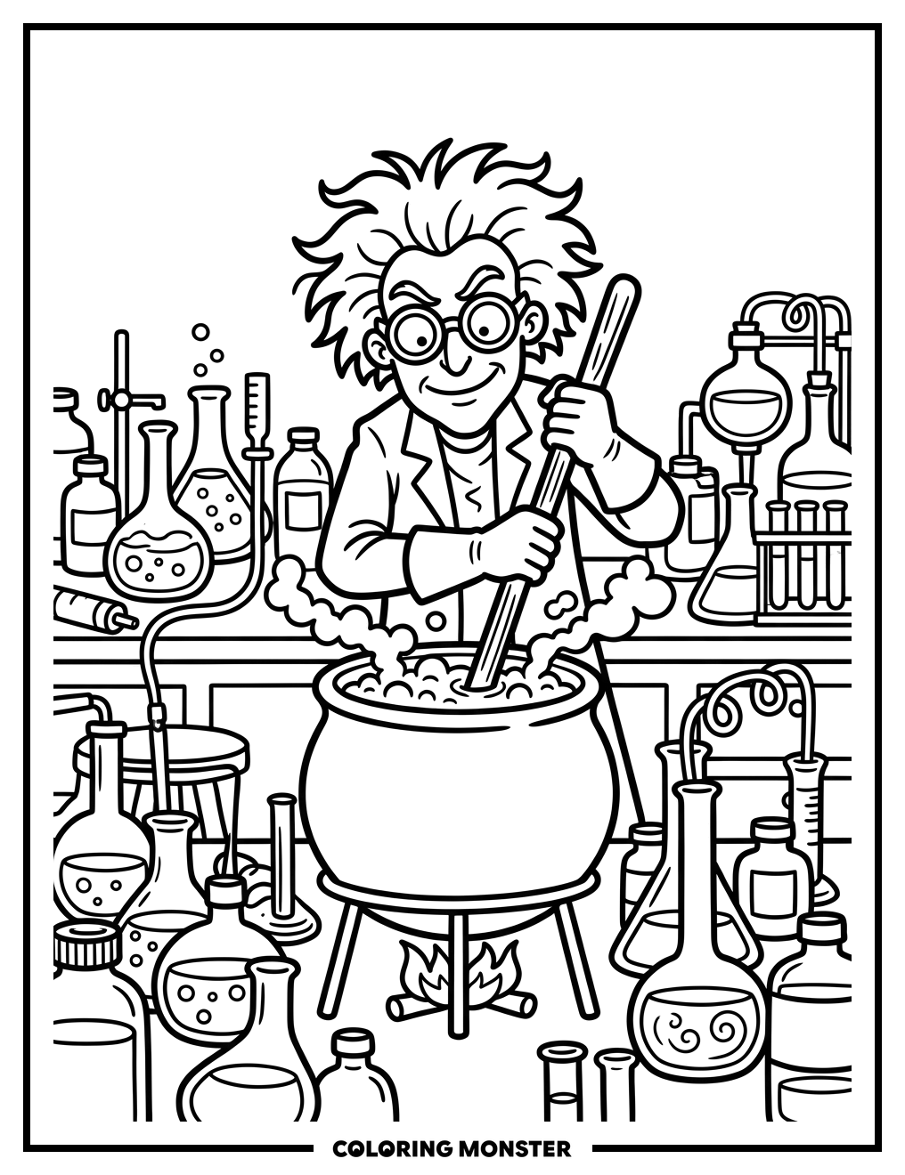 Mad Scientist Mixing Potion Coloring Page