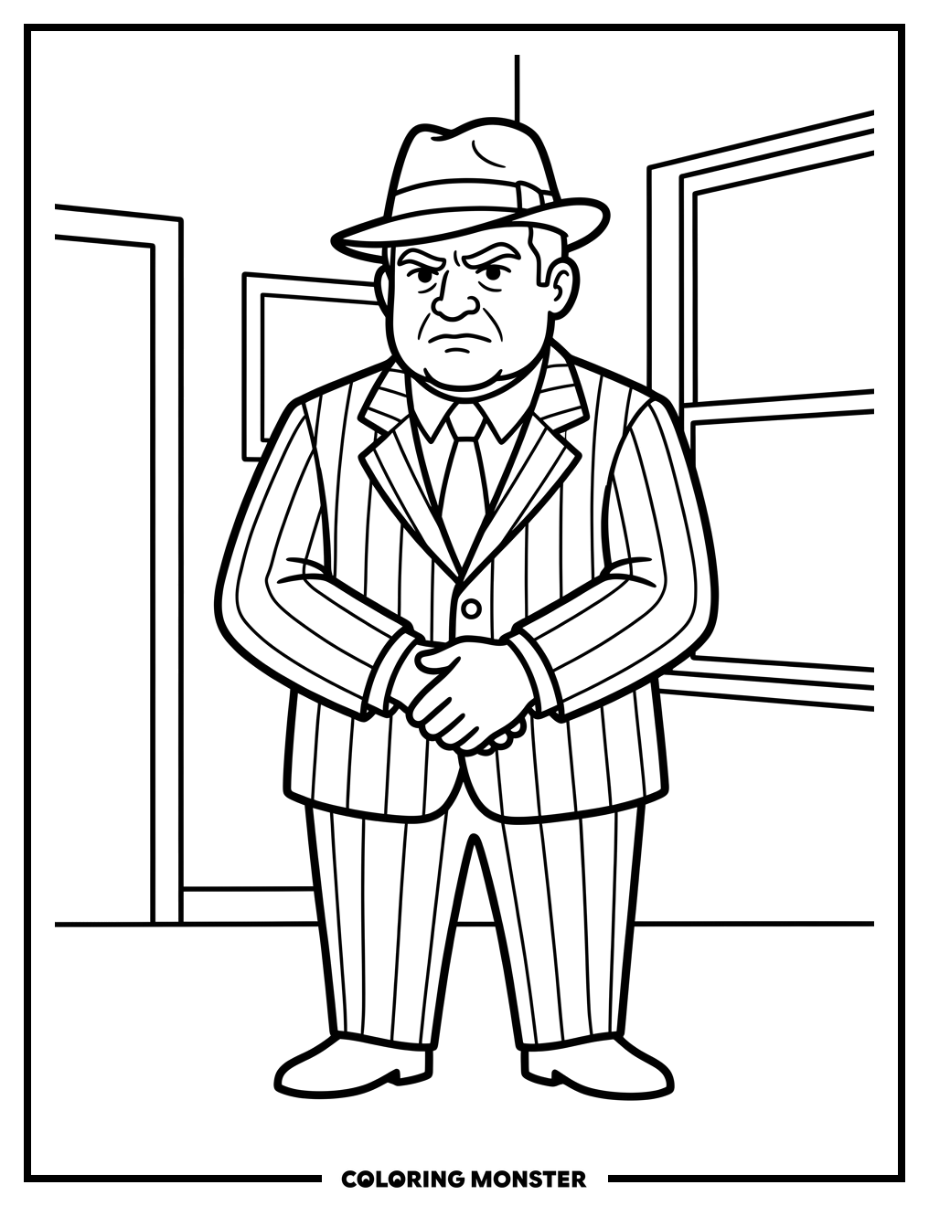 Mafia Boss in Suit and Fedora Coloring Page