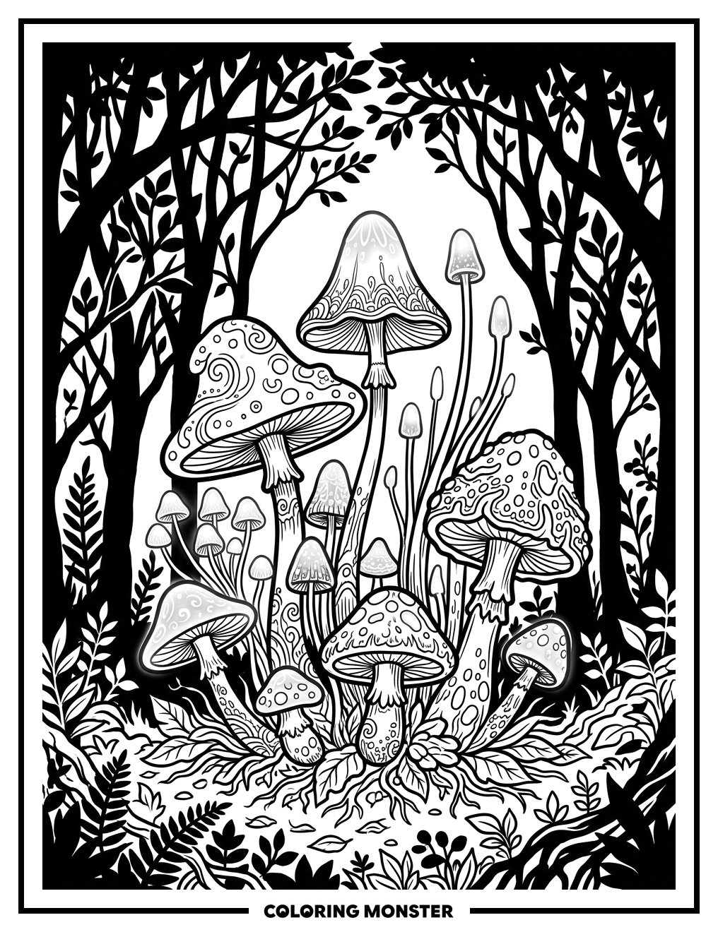 Magical Glowing Mushrooms in Dark Forest Coloring Page