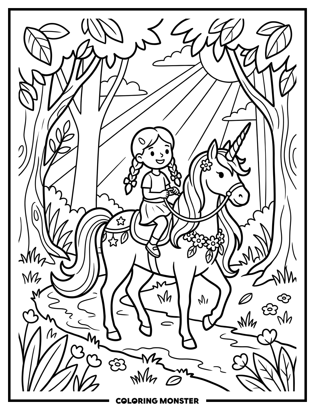 Mai Rides A Unicorn Through A Magical Forest Coloring Page