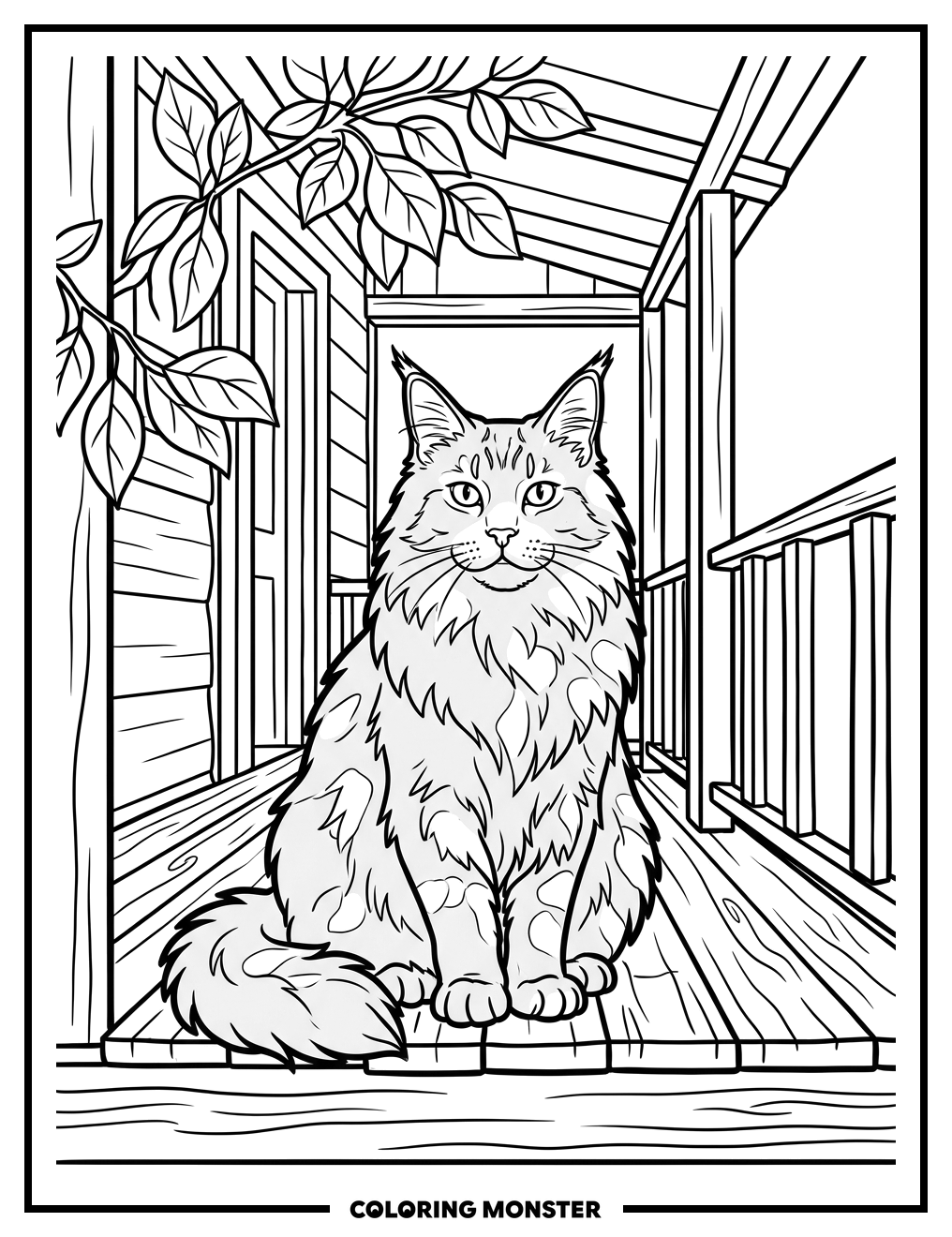 Maine Coon Cat on a Sunny Porch Coloring Page
