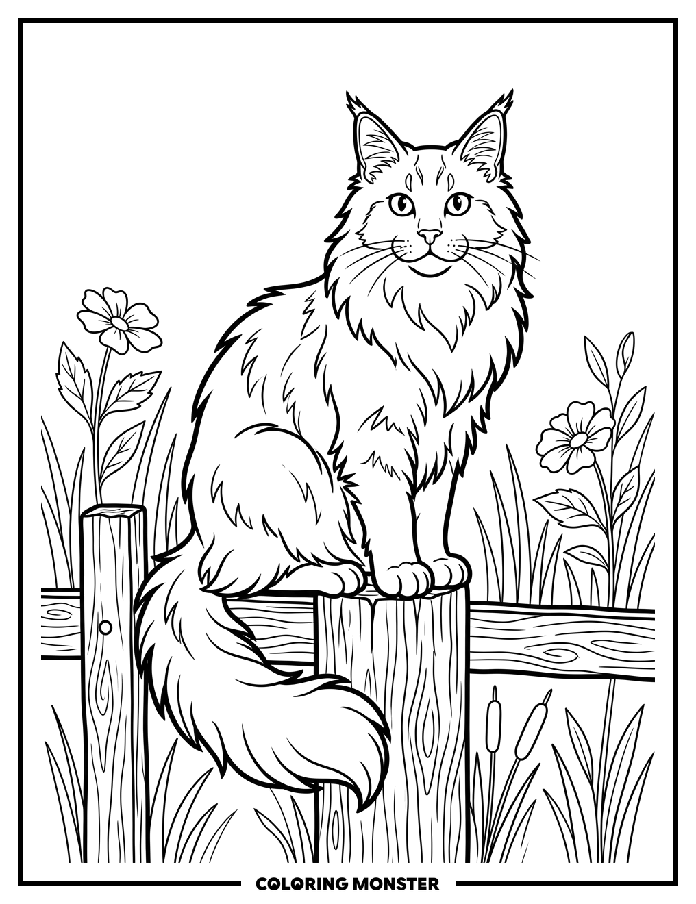 Maine Coon Cat on Fence Coloring Page