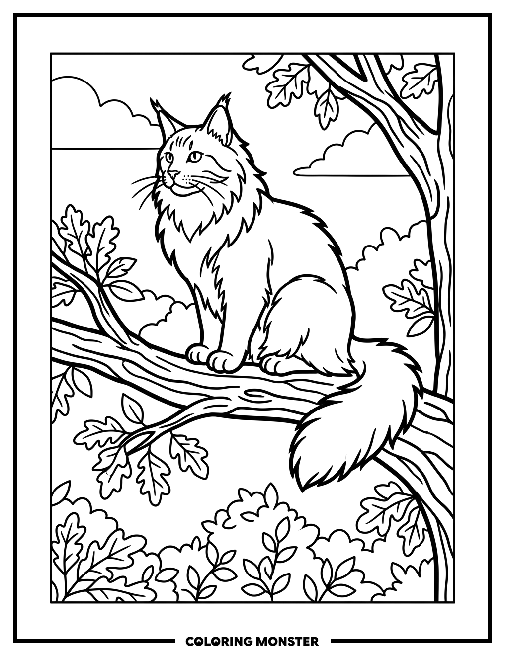 Maine Coon Cat on Tree Branch Coloring Page