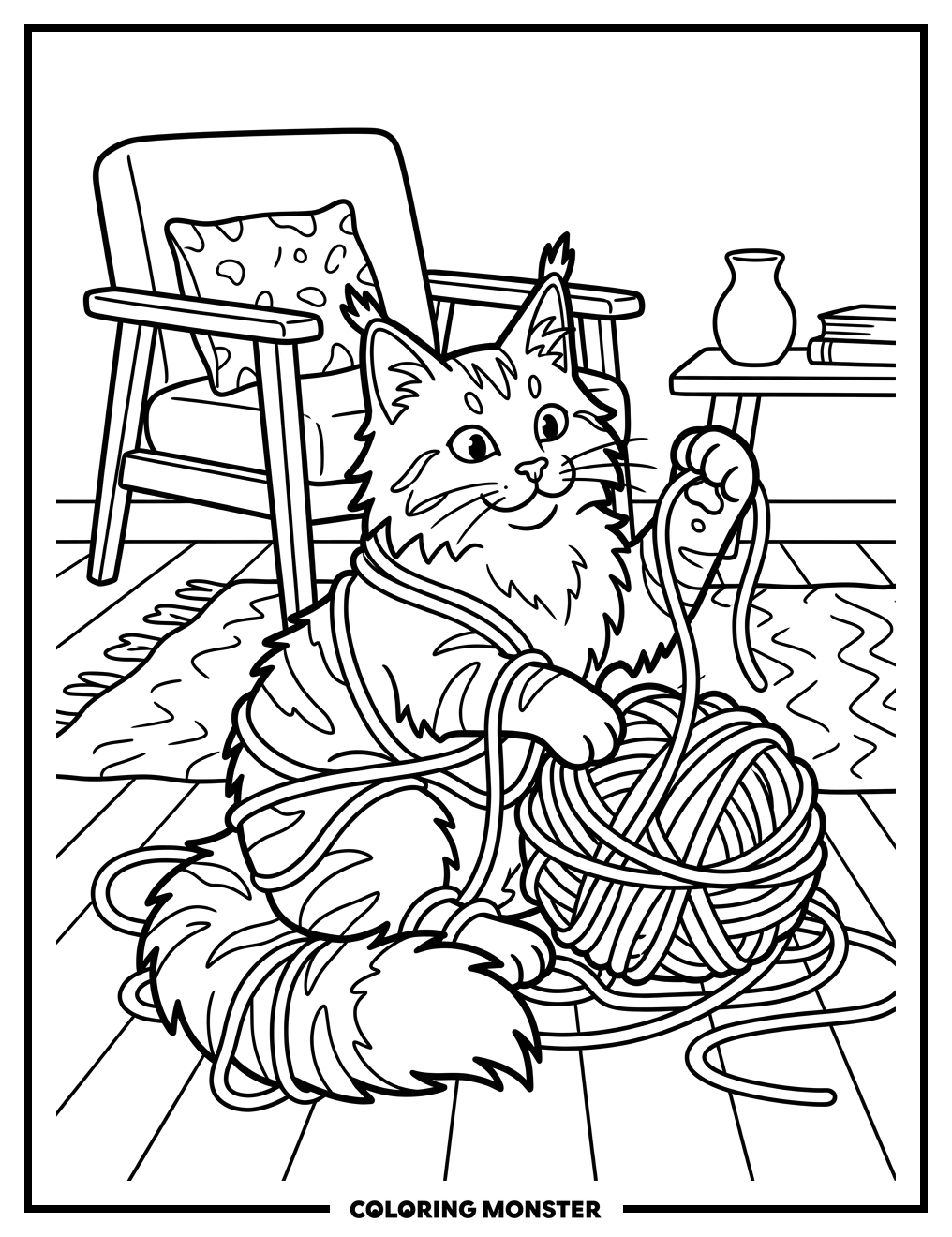 Maine Coon Cat Tangled in Yarn Coloring Page