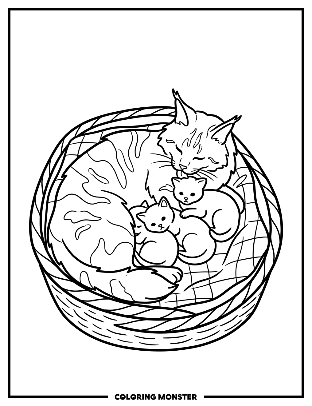 Maine Coon Cat With Kittens Coloring Page